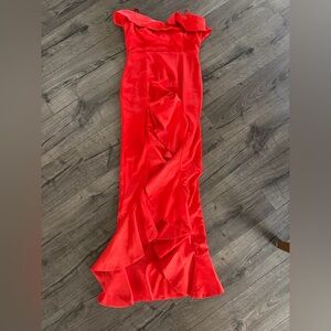 Revolve Satin Ruffle Chrissy Teigen Gown Sz S Holiday Christmas Cocktail Dress